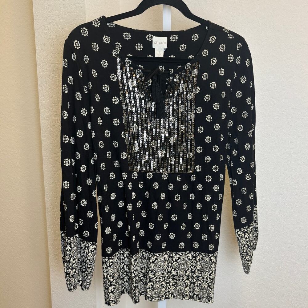 Chicos Womens Black Tan Boho Long Sleeve Sequin Tunic Top Blouse Size 1 Medium